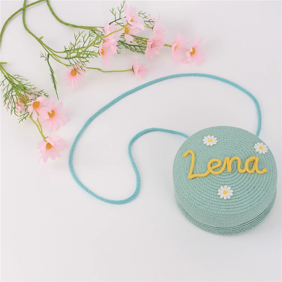 Personalized Name Handwoven Round Straw Shoulder Bag Crossbody Bag Kid Summer Beach Straw Bag Envelope Wallet for Wowen Girls