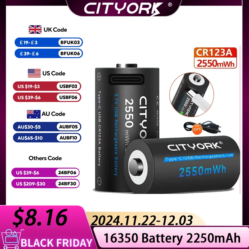 CITYORK CR123A Battery 2550mWh 3.7V Rechargeable Li-ion 16340 Batteries For LED Flashlight 16350 RCR123 Battery+USB Type-c Cable