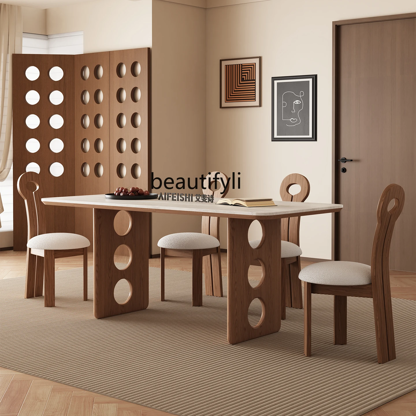 

Slate medium and ancient style household small apartment design French retro rectangular ash wood solid wood dining table