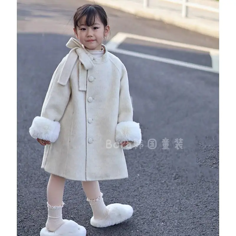 

2025 New Girls Woolen Coat Spring Autumn and Winter Baby Temperament Coat Stylish Girls White Medium Long Coat
