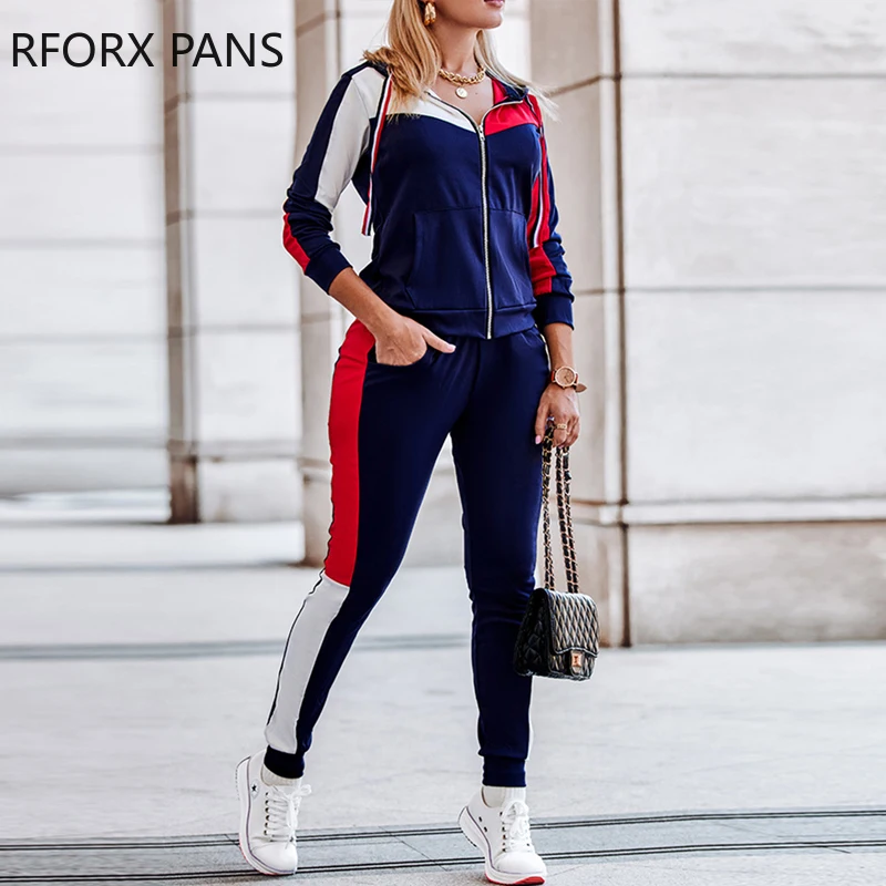 Women Hooded Tape Side Stripe Zipper Jacket Tops & Skinny Bottoms Sporty Two Pieces Pants Set