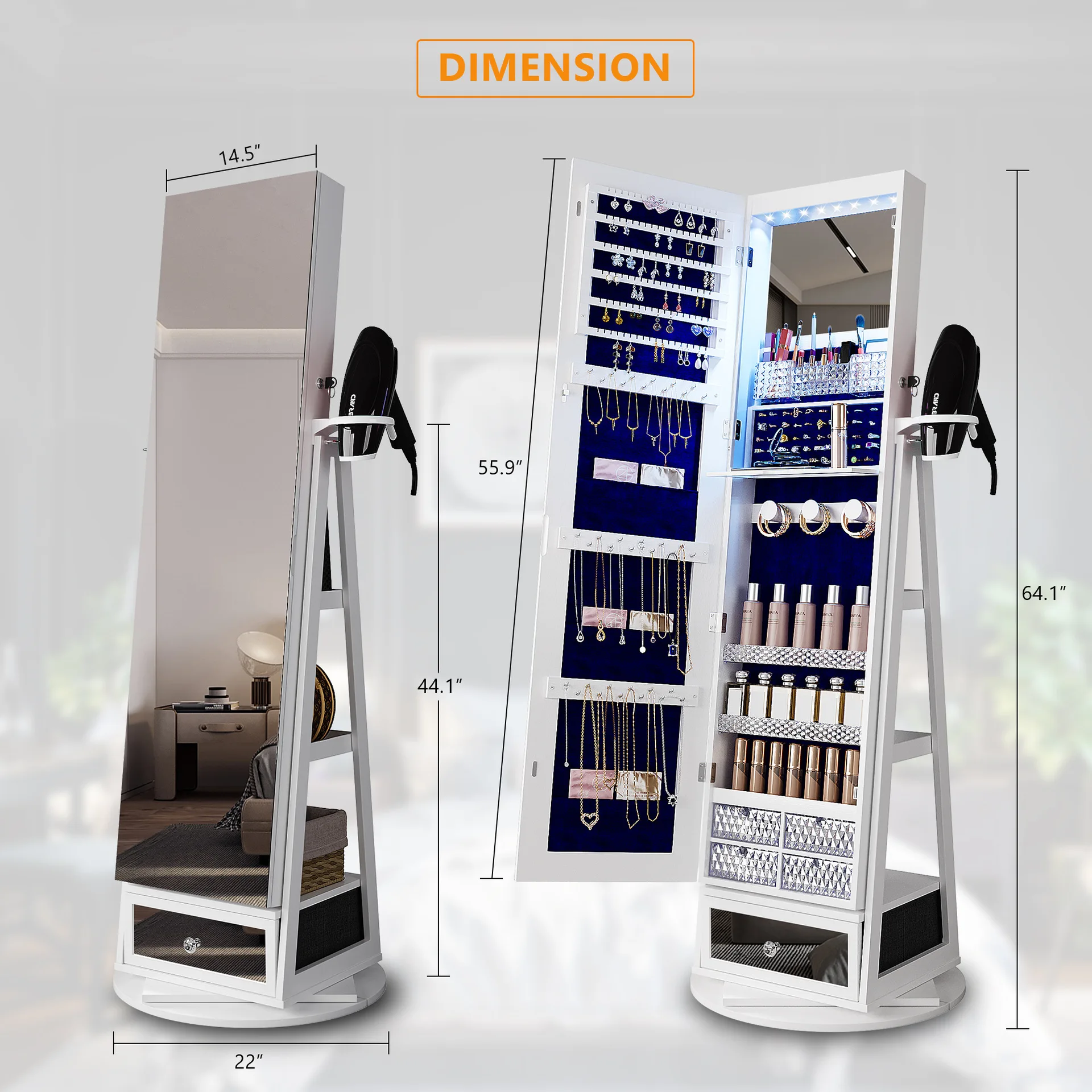HYS Floor Mirror Cabinet Foldable Makeup Rack 360° Rotatable Organizer