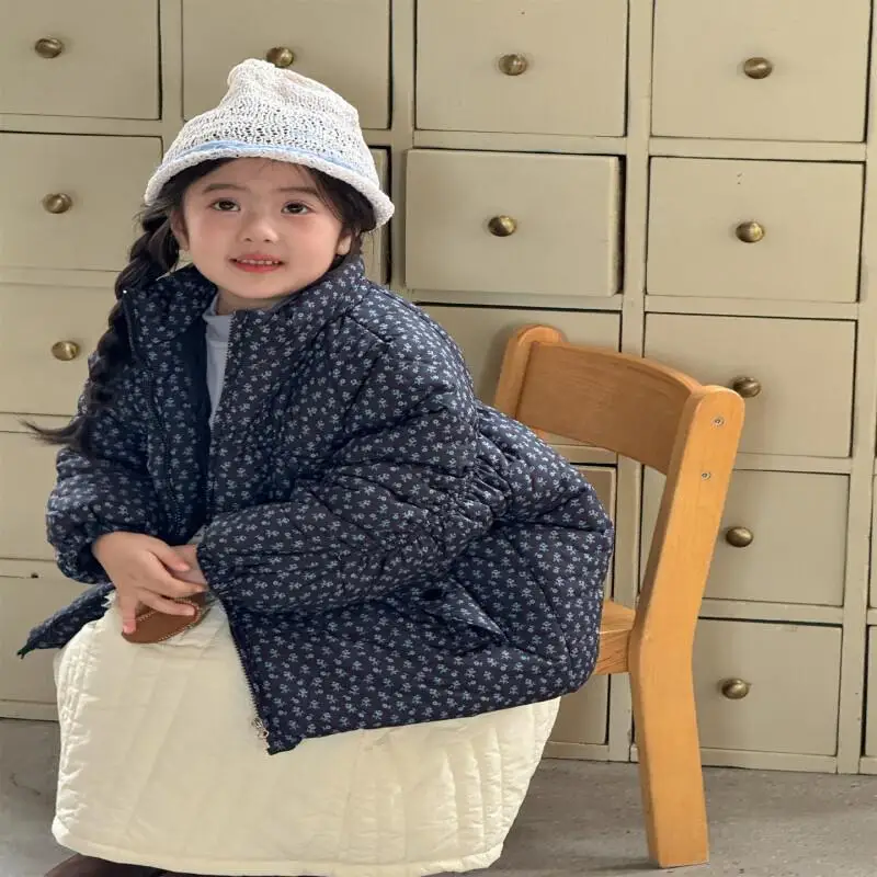 

Girls Padded Jacket Autumn Winter Print Warm Coat Round Neck Tops Comfortable Outerwear 4-8 Years Old Children Clothing Trendy