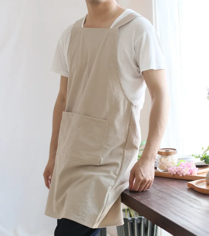 일본 남성용 린넨 앞치마 사각형 크로스 린넨 앞치마 워시드 그레이 브라운 블랙 롱 린넨 앞치마 끈 없는 가정용 청소 H2