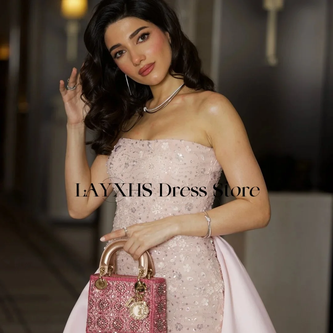 Layxhs lindo rosa glitter sereia vestidos de noite sem alças frisado tornozelo comprimento tribunal trem vestidos de baile personalizado