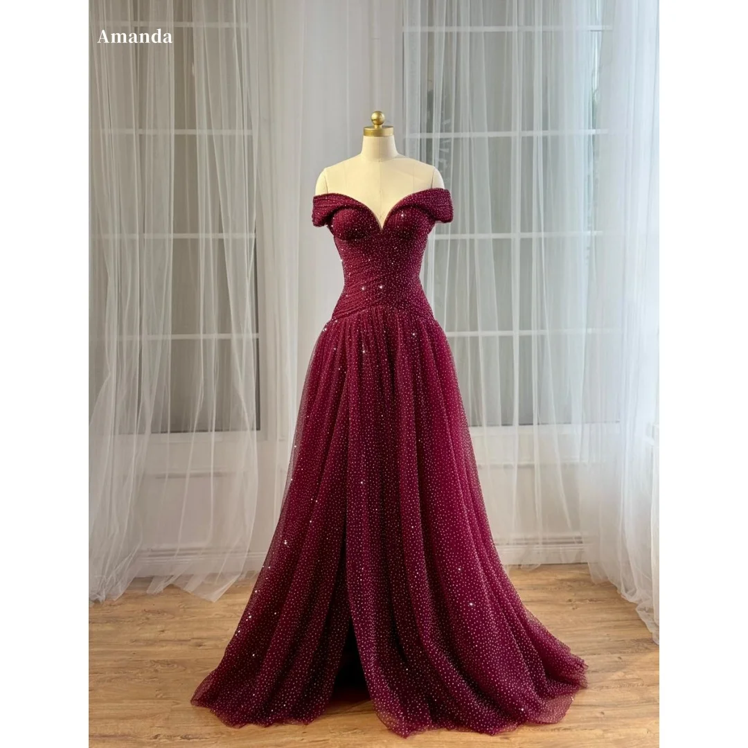 

Amanda Customized Deep Burgundy Off-the-shoulder Sweetheart Neckline Formal Evening Glitter Tulle Slim-fit Flared Floor-length