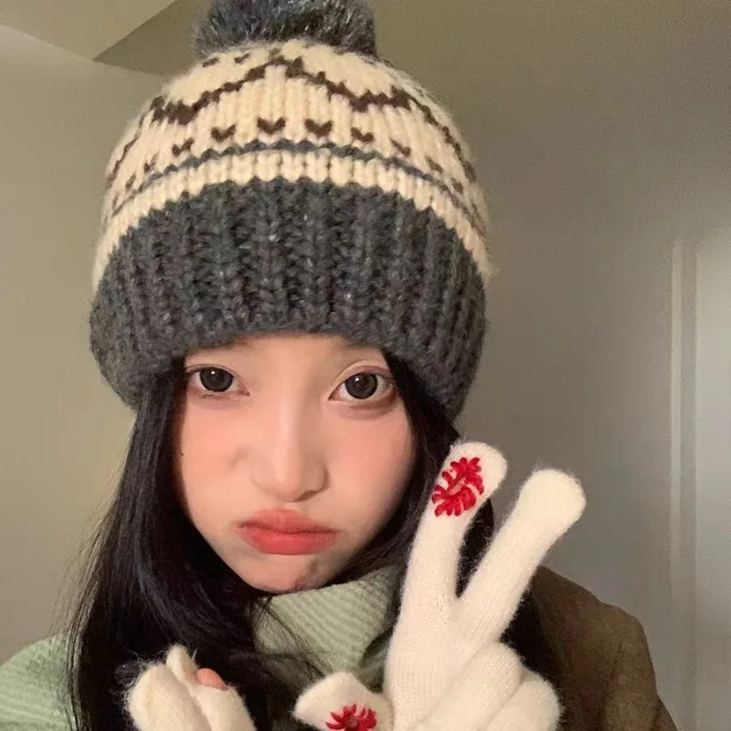 Winter Atmosphere Maillard Brown Knitted Wool Hat Cute Hairball Thickened Warm Korean Version Ear Hat Children