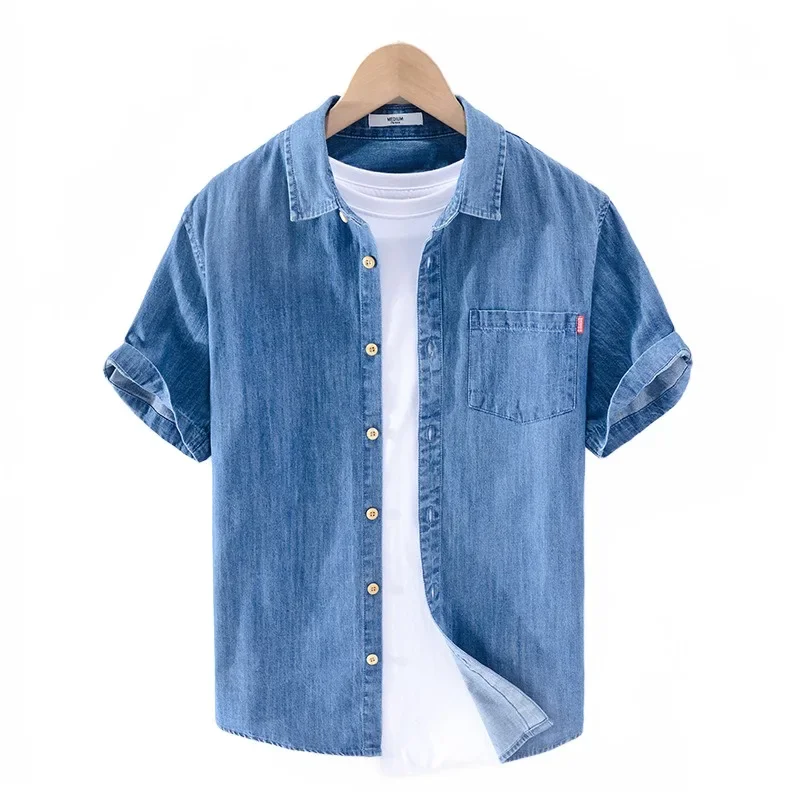 

Denim shirt men's thin summer half sleeved casual top men's loose fitting trend handsome men's shirt short sleeved clothes