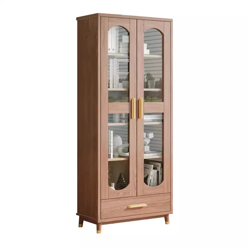 

White wax solid wood bookcase Household floor storage cabinet with glass door against the wall Bookcase Living room study