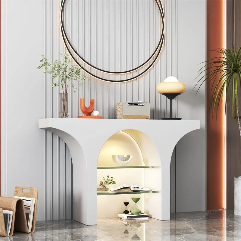 Nordic living room, simple and modern entrance table, arched shelf, aisle against the wall