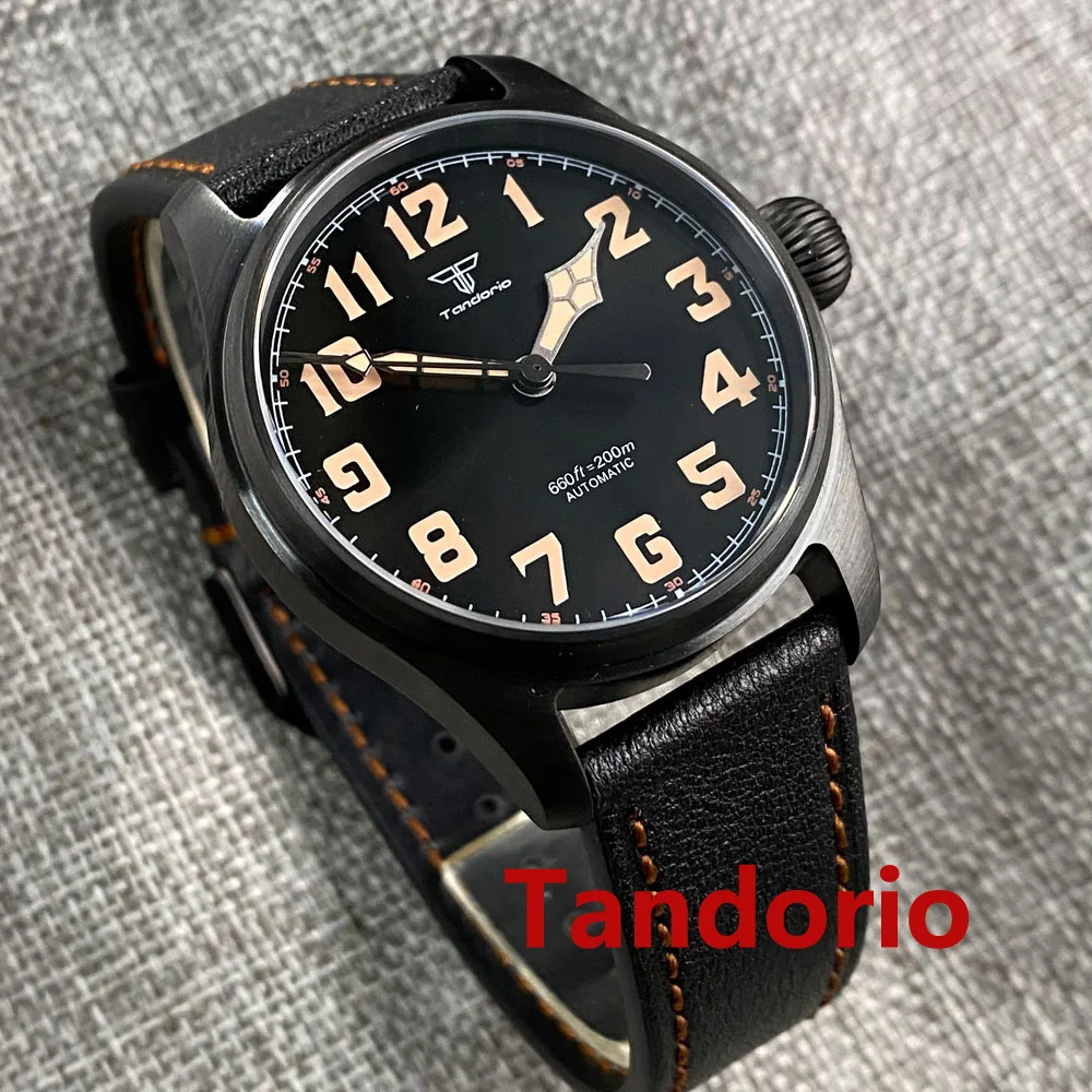 Tandorio 39mm Sapphire Glass Brushed Black PVD 20ATM Waterproof NH35A PT5000 Pilot Diver Military Men Watch Luminous Big Crown