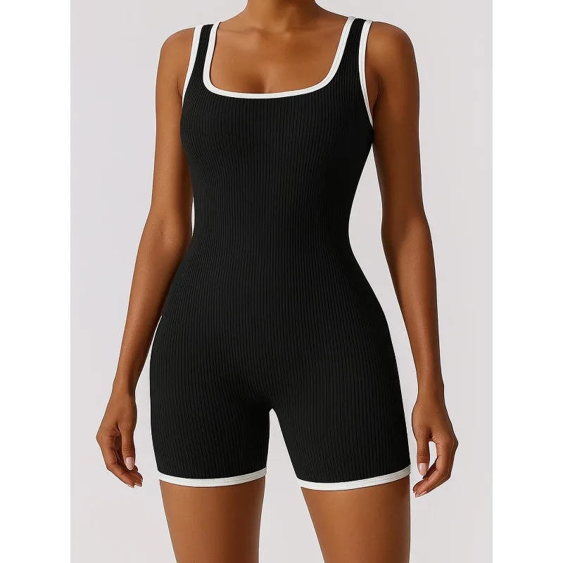 Color Block Bodysuit Women Sexy Fitness Yoga Outfit Slim Fit Breathable High Stretch One Piece Jumpsuit for Workout Gym Yoga Set