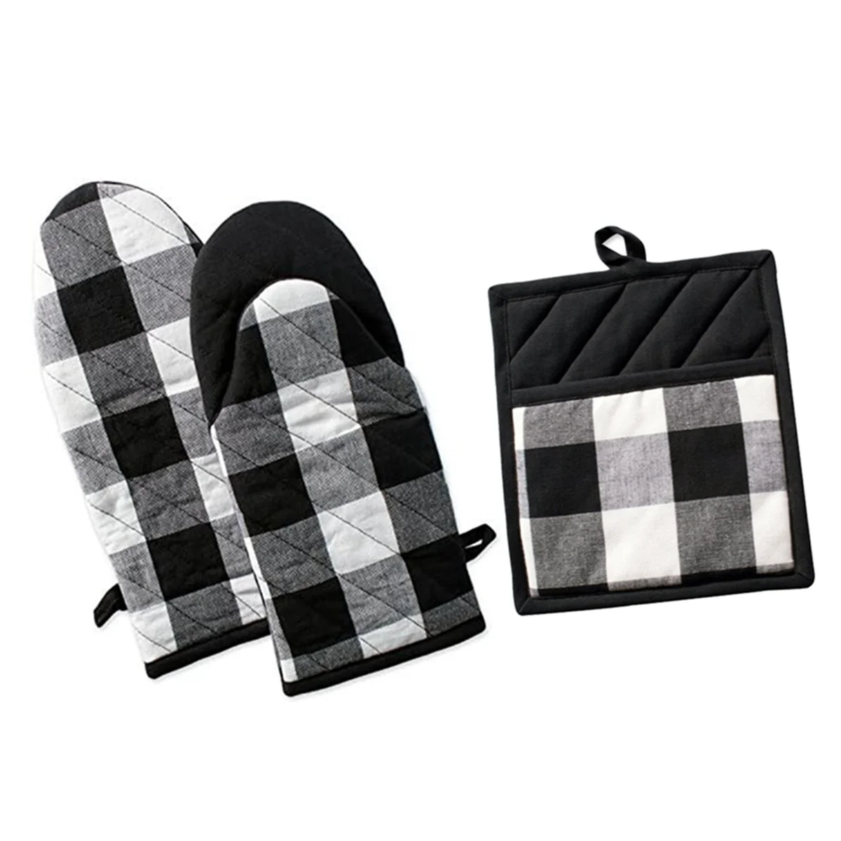 

-Check , Classic Farmhouse Kitchen Set, Oven Mitt and Insulation Pad Black & White