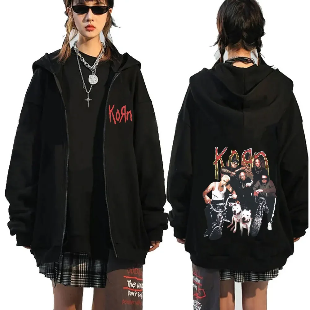 Korn Hip Hop Vintage Gothic Zipper Hoodies For Men Women Streetwear Punk Casual Oversized Sweatshirt Zip Up Jacket Coats