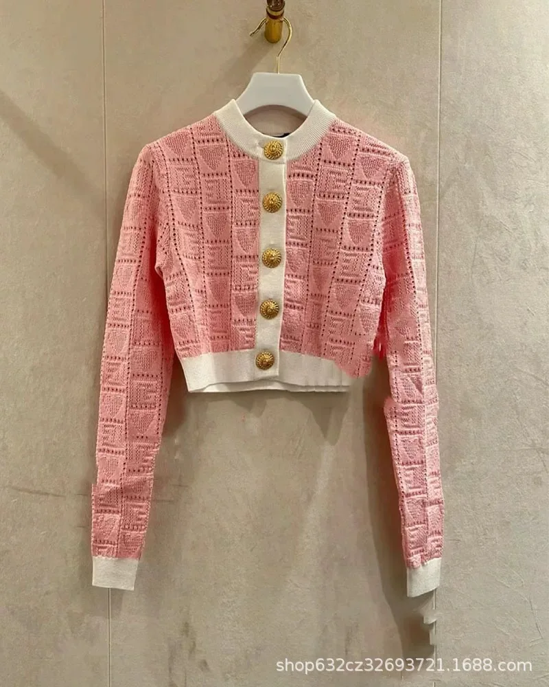 Süße Kontrast farbe Liebe hohl rosa gestrickte Strickjacke Frauen Herbst neue hohe Taille kurzen Minirock 2-teiliges Set