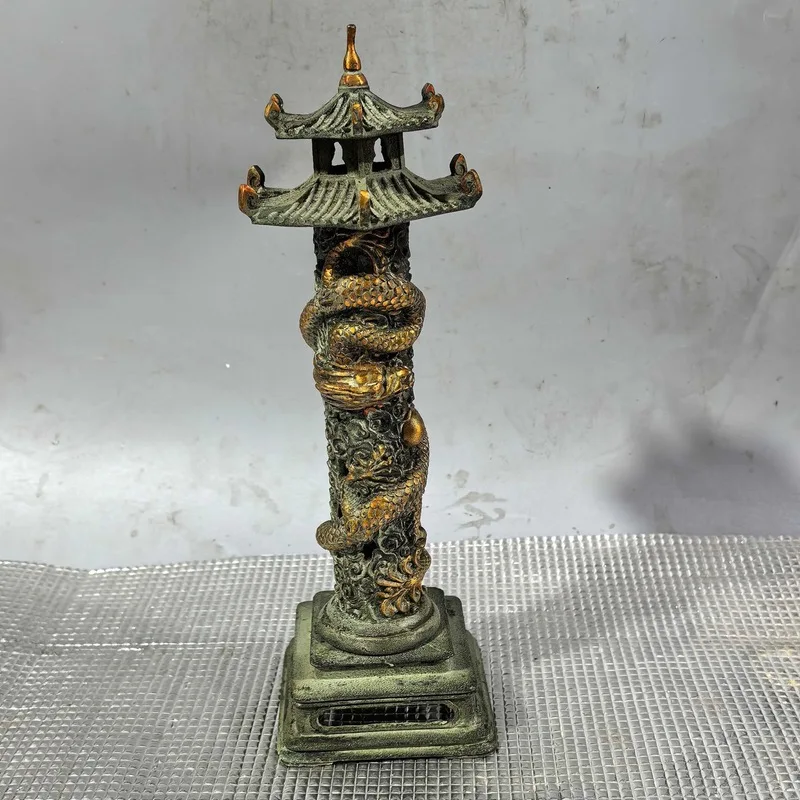 Copper Handmade Hexagonal Pagoda Burner with Dragon Relief, Elevated Vertical Incense Holder