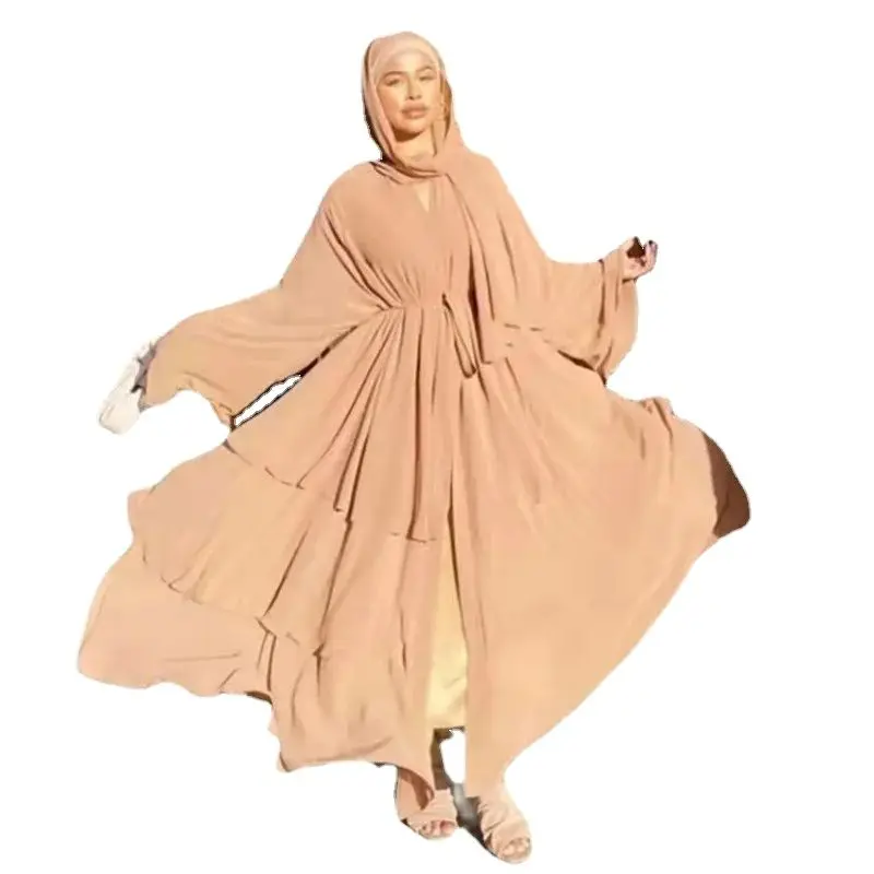 

Fashionable Patchwork Muslim Dress Elegant Three-layer Chiffon Open-front Abaya Dresses Kaftan Vestidos Arabes Dubai Y Turcos