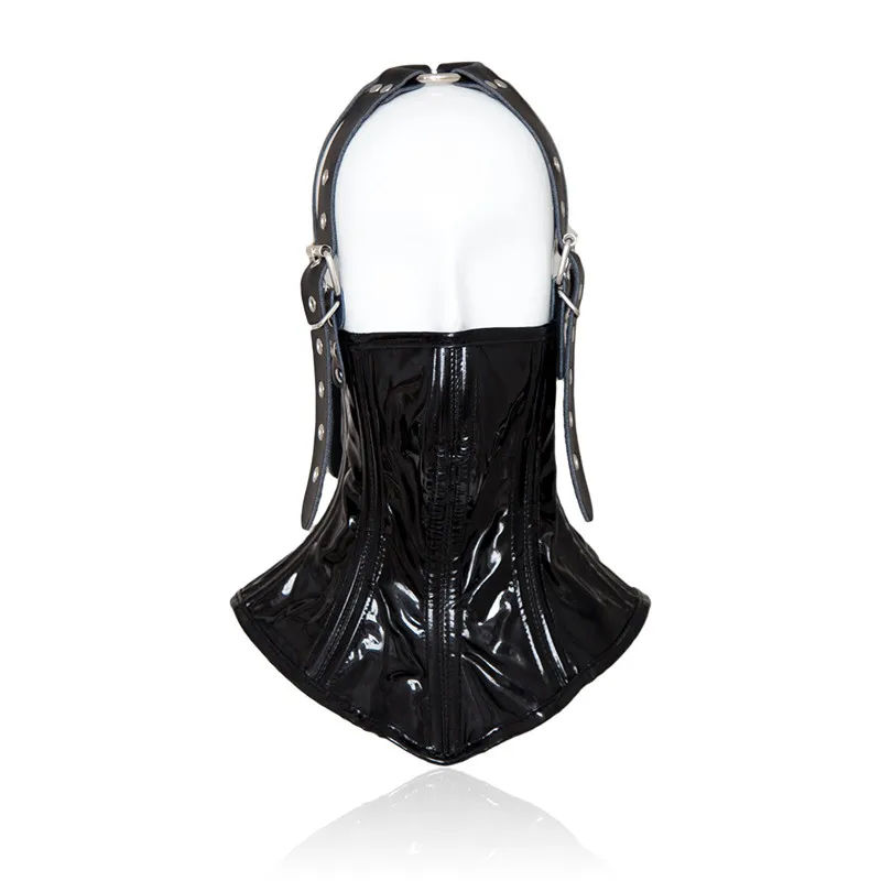 Sexy Wetlook Leather BDSM Bondage Collars with Unisex Lockable Half Face Mask for Fetish Neck Restraint Adult Games Sex Toys