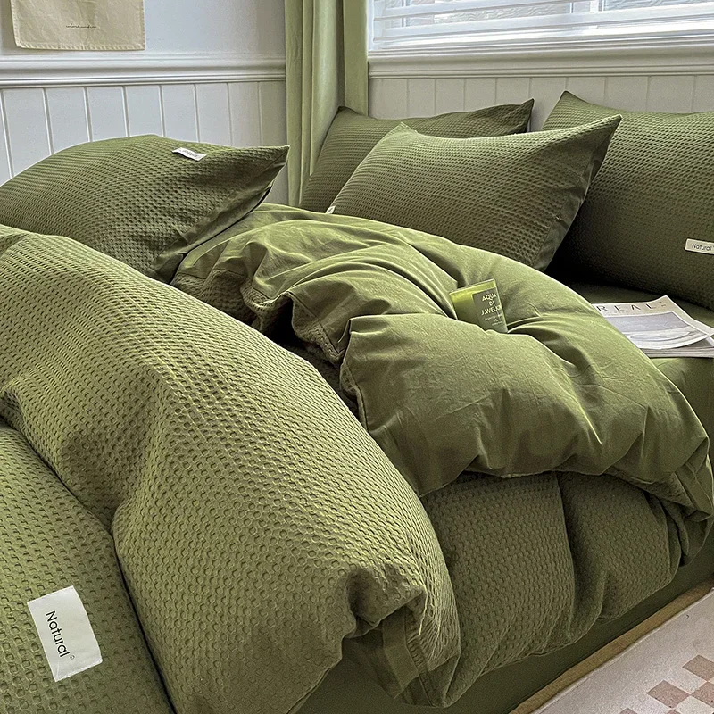 Simple Waffle Jacquard 100% Cotton Bedding Set Soft Comfortable Queen Duvet Cover Set with Sheets Quilt Cover and Pillowcases