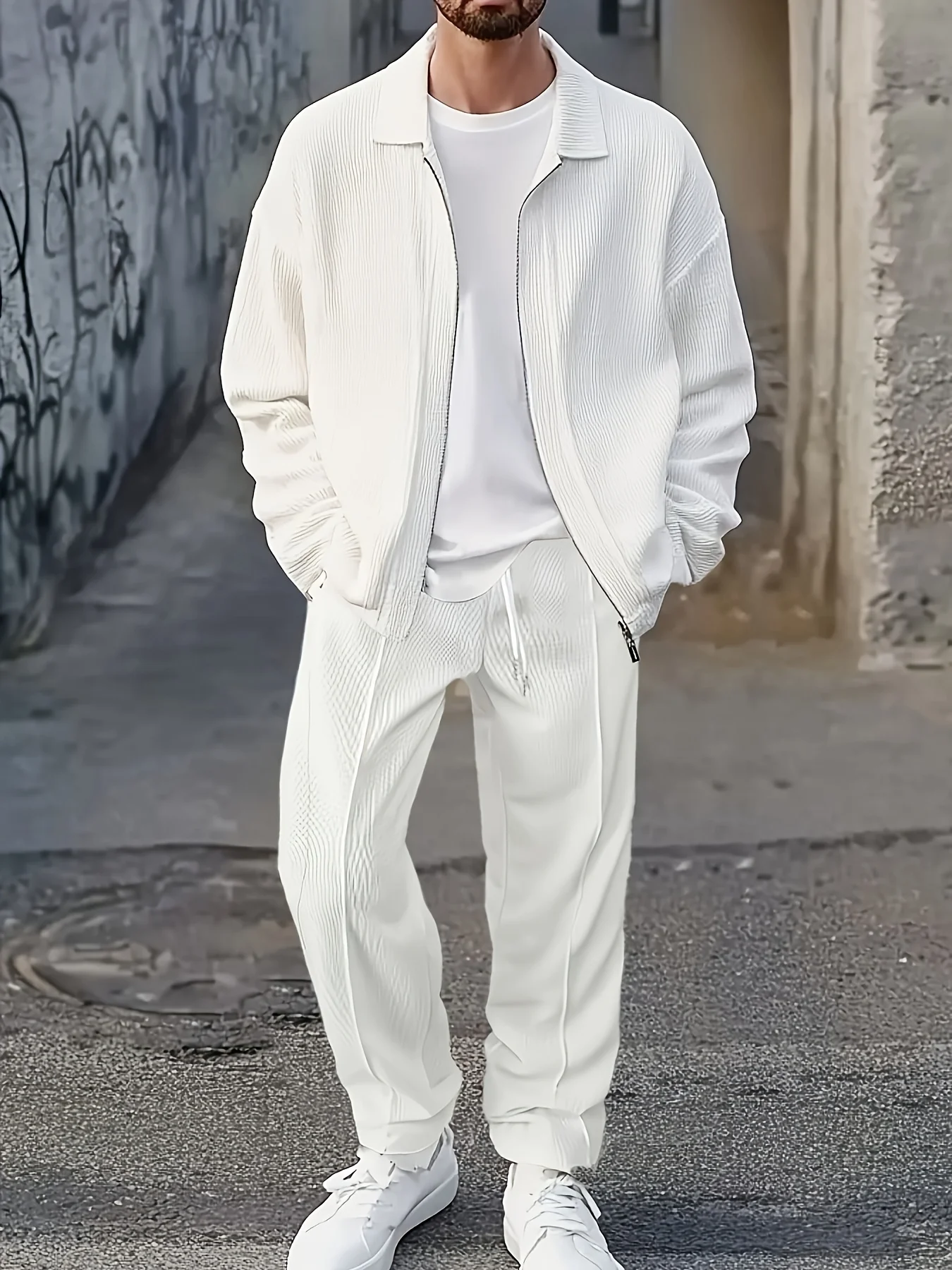 Мужской однотонный спортивный комплект из 2 предметов с длинными рукавами, куртка на молнии и брюки, подходит для занятий спортом на открытом воздухе