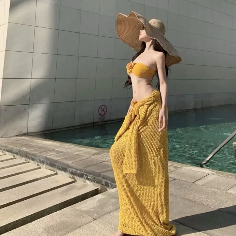 2025 ใหม่ดอกไม้ขิง Strapless ชุดว่ายน้ําแยกผู้หญิงบิกินี่กระโปรงยาว COVER UP Island วันหยุดชุดสามชิ้น