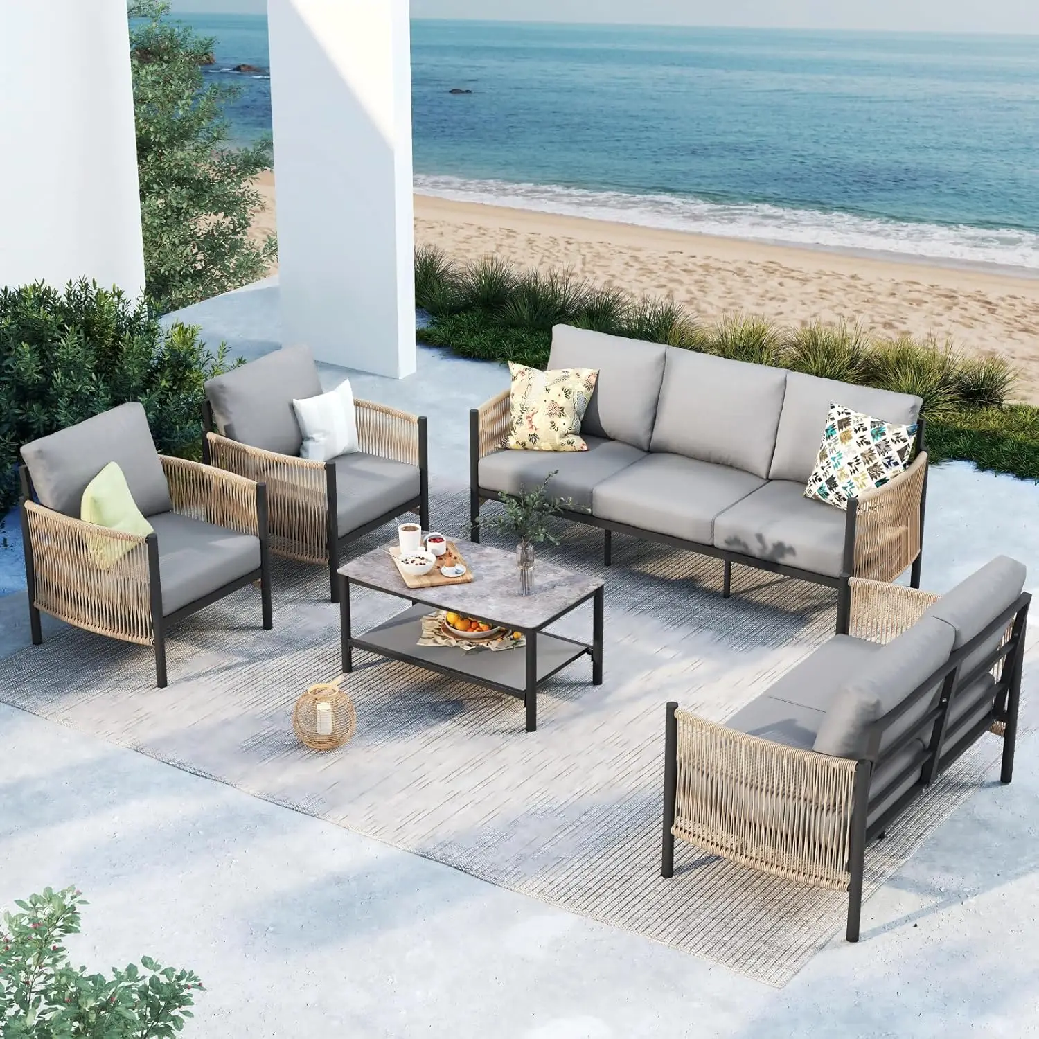 Set Furnitur Teras Luar Ruangan Aluminium, Tali HDPE 5 Buah Set Perbualan Bersekat Modern dengan Meja Kopi Dua Lapis, Semua Wea