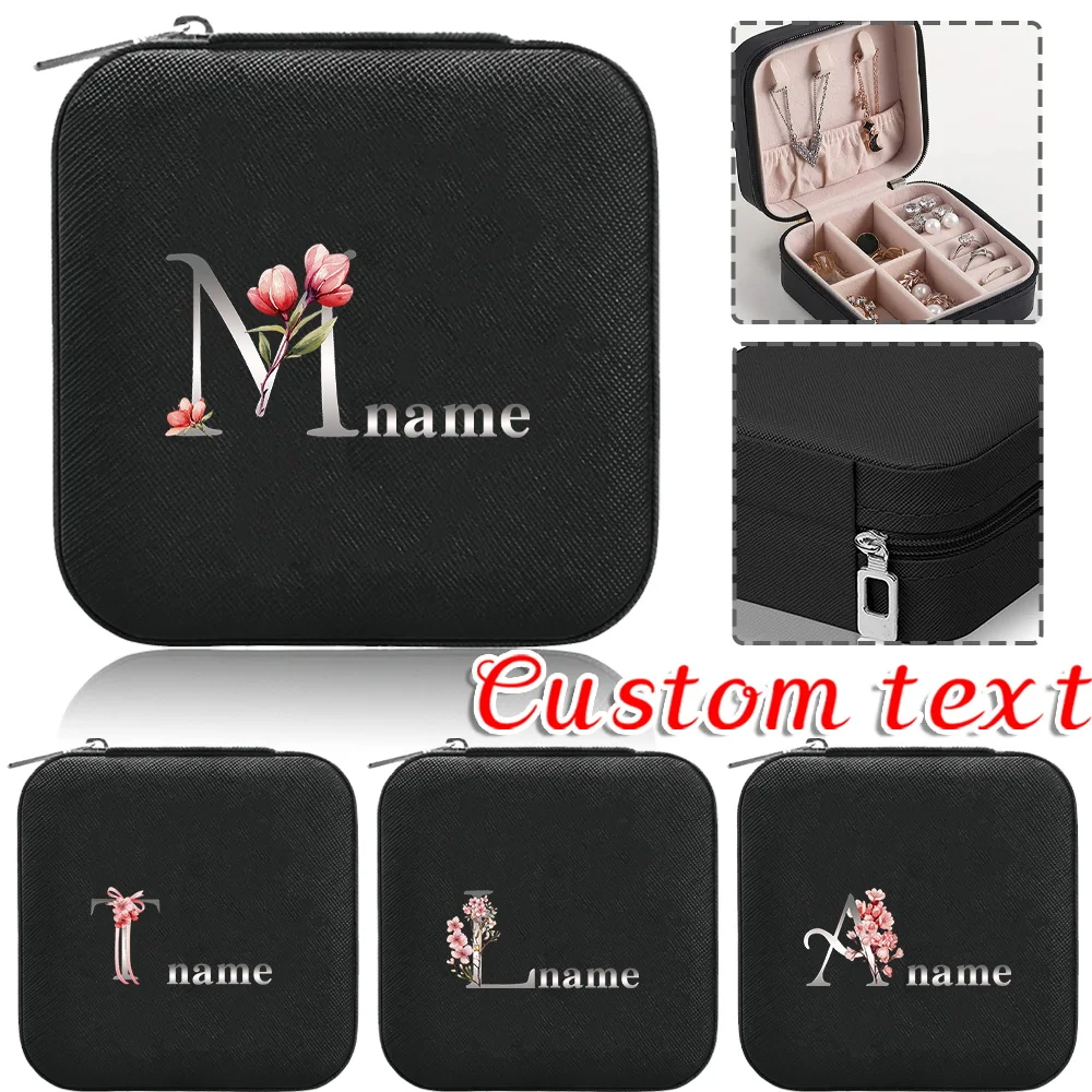 

Customized Name Leather Portable Black Jewelry Box Letter Series Large Capacity Necklace Earring Box Travel Storage Jewelry Box