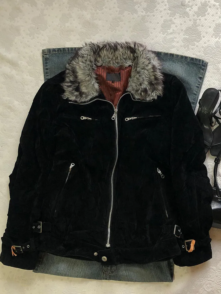 Thiened Bla Pelzkragen-Jacke Weiße Birnbaum-Ranke Retro Amerikanischer Stil Warm Modisch Herbst Winter Oberbekleidung Pendler-Stil