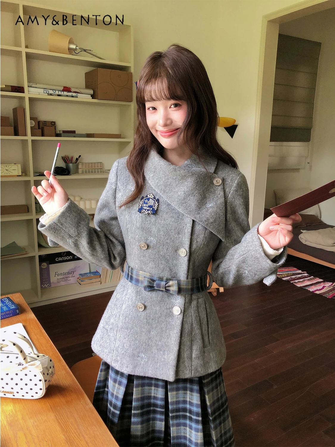 

2025 Autumn Winter New Women's Long Sleeve Double-Breasted Tie Waist Gray Bow Embroidered Woolen Coat Blue Plaid Skirt Set
