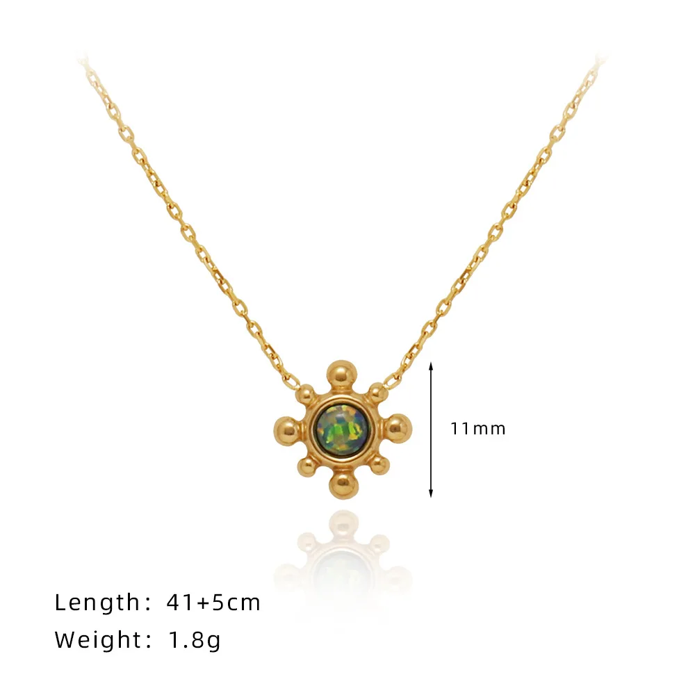 Stainless Steel Golden Casting Sun Imitation Opal Stone Pendant Necklace Waterproof Simple Fashion Metal Texture Trendy Jewelry