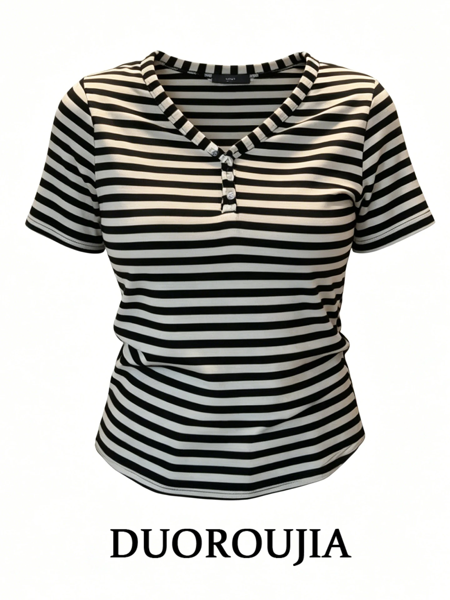 

Slim Fit Korean Style Striped V-Neck Short Sleeve T-Shirt Women's Summer plus Size Casual Fashion Top Trendy plus Size