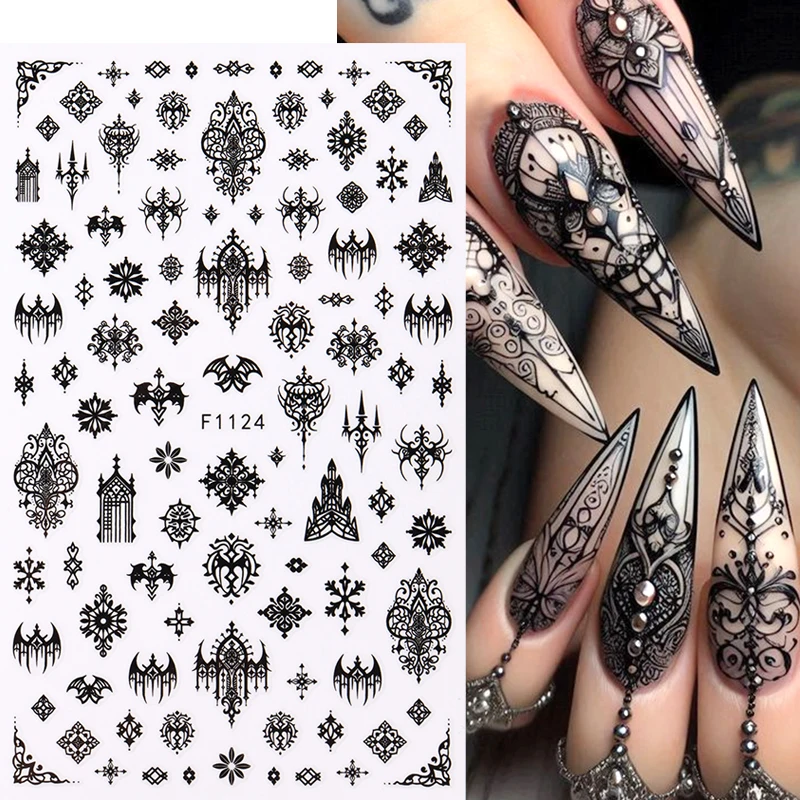 Adesivo nero gotico per unghie Disegni eleganti con lacci per matrimonio Spettrale Halloween Pipistrello Teschio Foil adesive Cursori Nail Art Decor