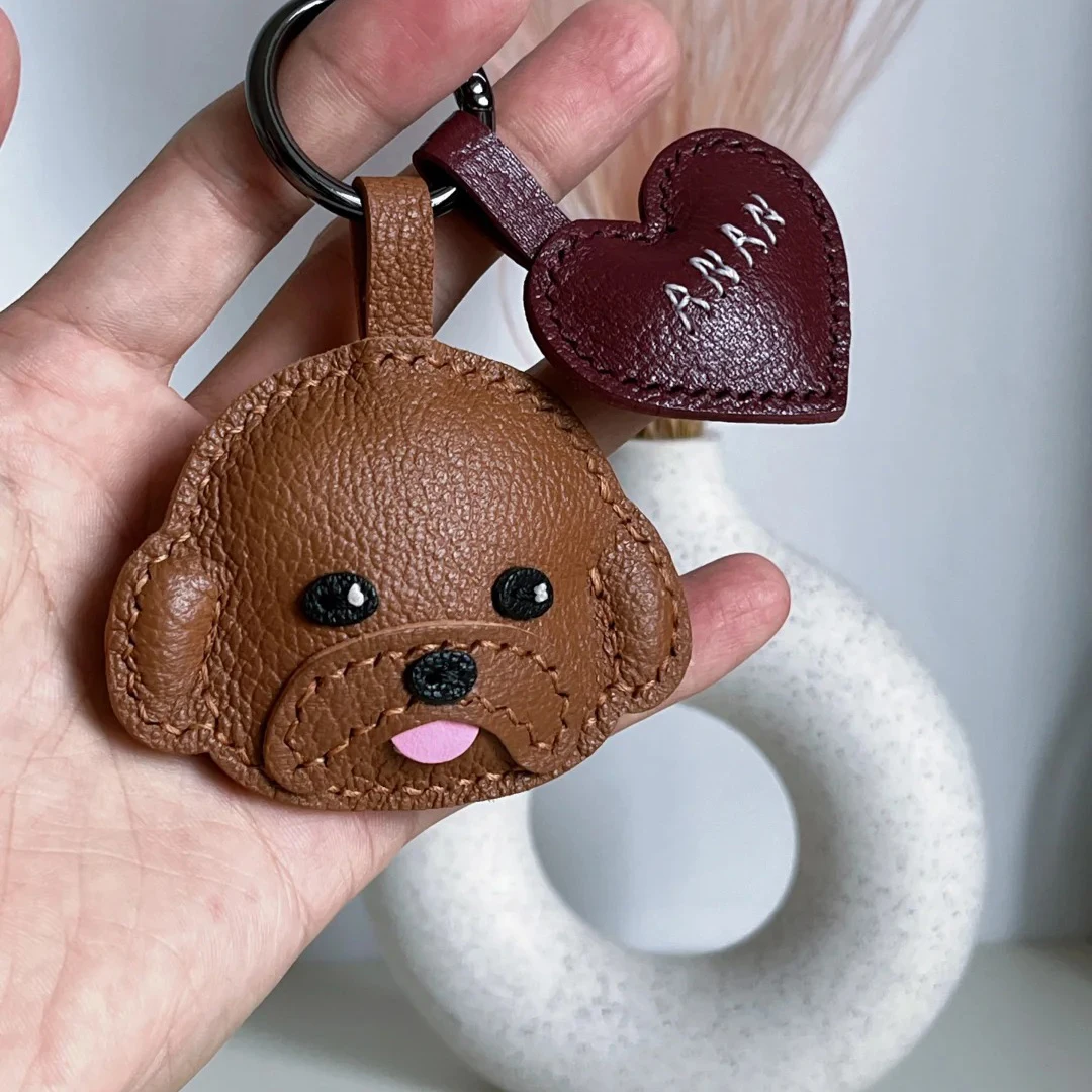 

Cute Dog Real Leather Bag Charm High-End Backpack Accessory Small Ornament Car Keychain Decoration Handmade