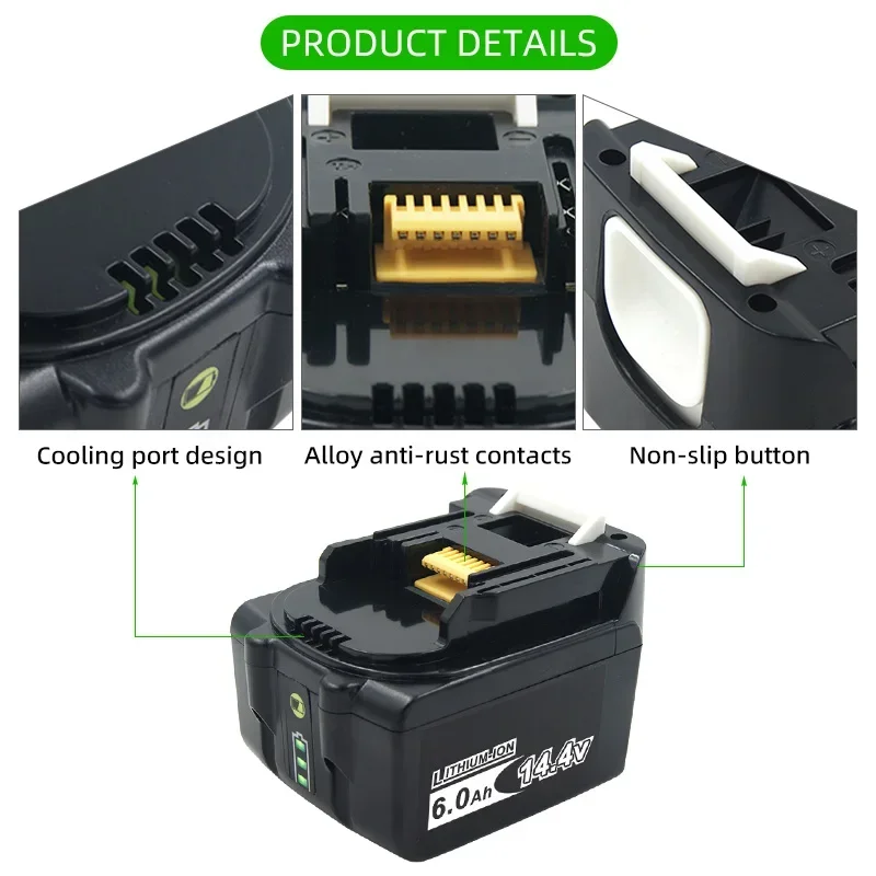 2PCS 14.4V 6Ah Li-ion Replacement Rechargeable Battery for Makita Power Tools  BL1440 BL1430 BL1460 BDF343 TD130D BDF441Z BHP440