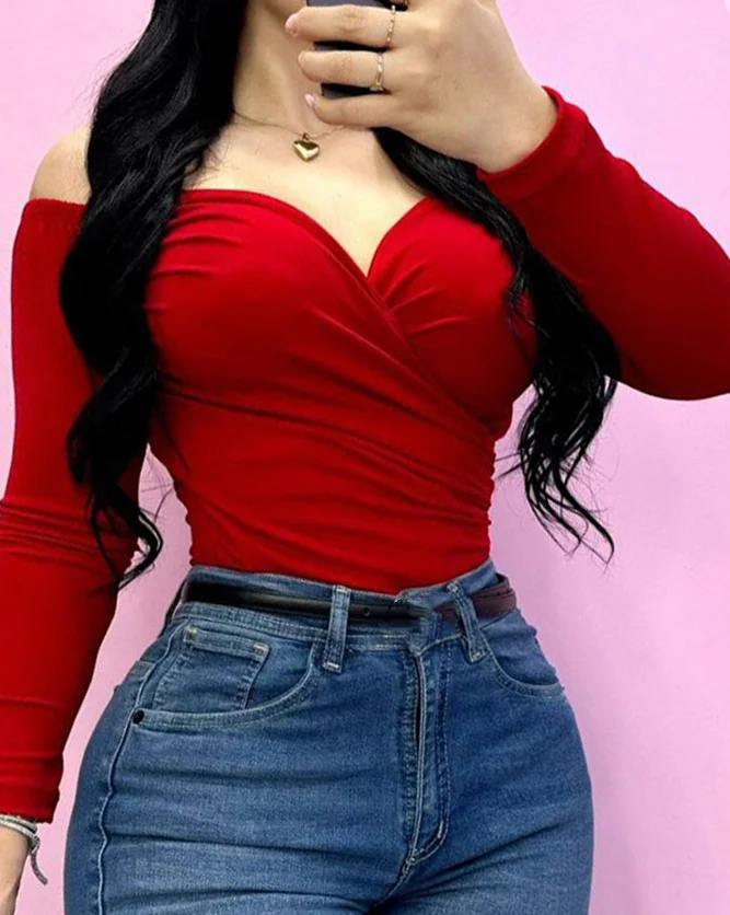 

Solid Color One Neck Off Shoulder Tight T-Shirt Sexy Long Sleeved Jumpsuit for Women Summer Sexy Cross Neckline Jumpsuit
