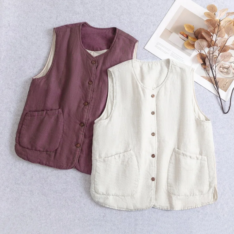

Легкий теплый хлопково-льняной жилет для женщин, художественный ретро-жилет из хлопка, утепленный осенне-зимний открытый кардиган