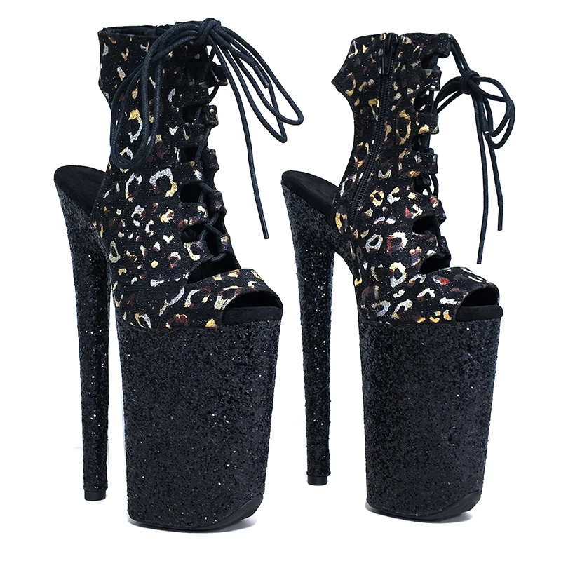 Leecabe  23CM/9inches Leopard print glitter open toe Trend fashion platform High heel Stripper Heel  Pole Dance boots