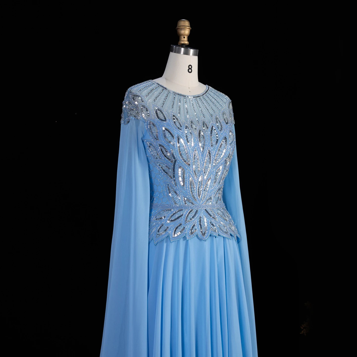 Sharon Said Abendkleider Glamouröses Schwarzes Chiffon-Paillettenkleid mit Perlen und Cape-Ärmeln Luxuriöses Dubai-Formelles Partykleid SS104 Maßanfertigung – Detail 22