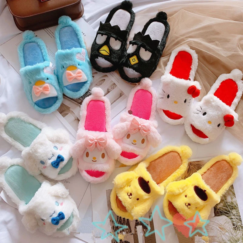 Kawaii Girl Slippers Indoor Home Shoes Ladies Flat Japanese Style Shoes Non-slip Furry Fur Women Shoes Open Toes Casual