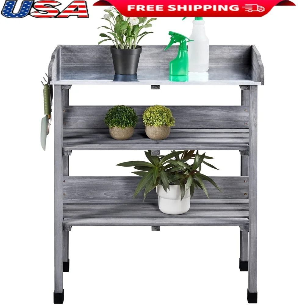 

Sturdy Fir Wood Potting Bench with Metal Surface Two Shelves Gardening Tools Hooks Indoor Outdoor Use