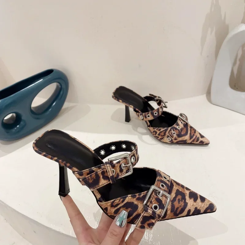 

Women's Mules Sandals Slippers High Heels Pointed Toe Elegant Fashion Designer Trend Party Silver Leopard Print Color