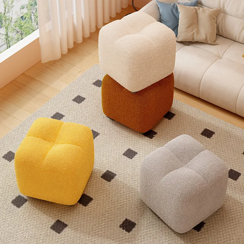 Lambs Wool Small Pouf Stool - Plush Sitting Cushion for Sofa, Living Room & Entryway, Soft Footrest & Shoe Changing Stool image 2