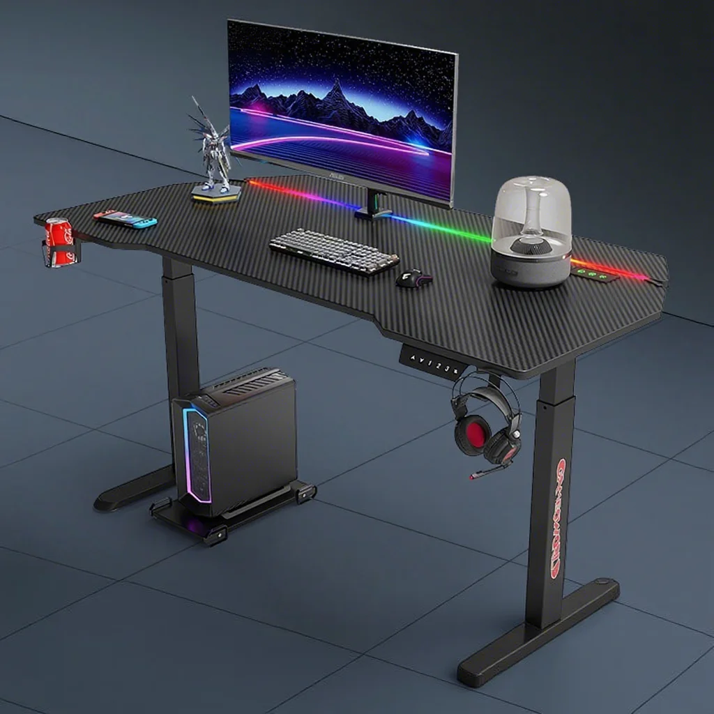 Carbon Fiber L-Shape Desktop 3-Level Memory Function Adjustable Height Gaming Desk Cup Holder Touch Control Light Remote
