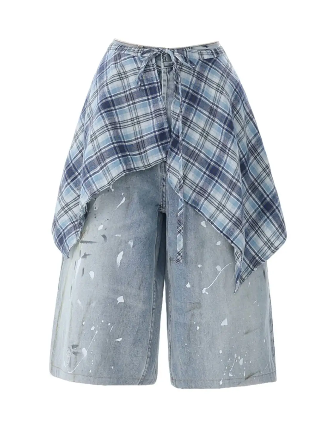 retro blue ink splashing straight denim cropped pants women's high waist and thin fart curtain short pants