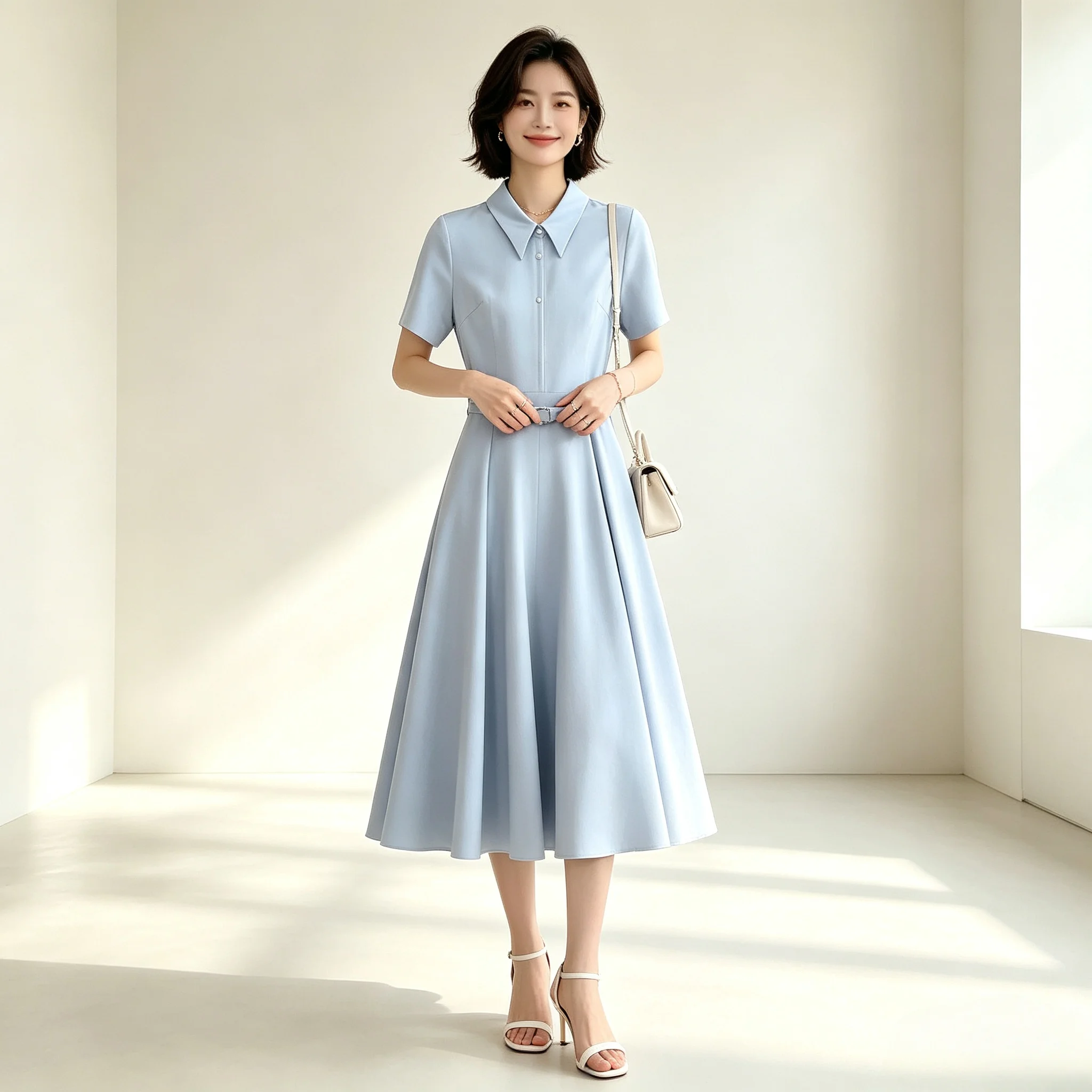 Women Summer Waist Tie Elegant Shirt Dress