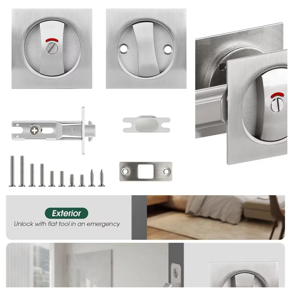 Pocket Door Lock With Indicator Light Barn Door Lock Hardware Silver Privacy Square Pocket Latch