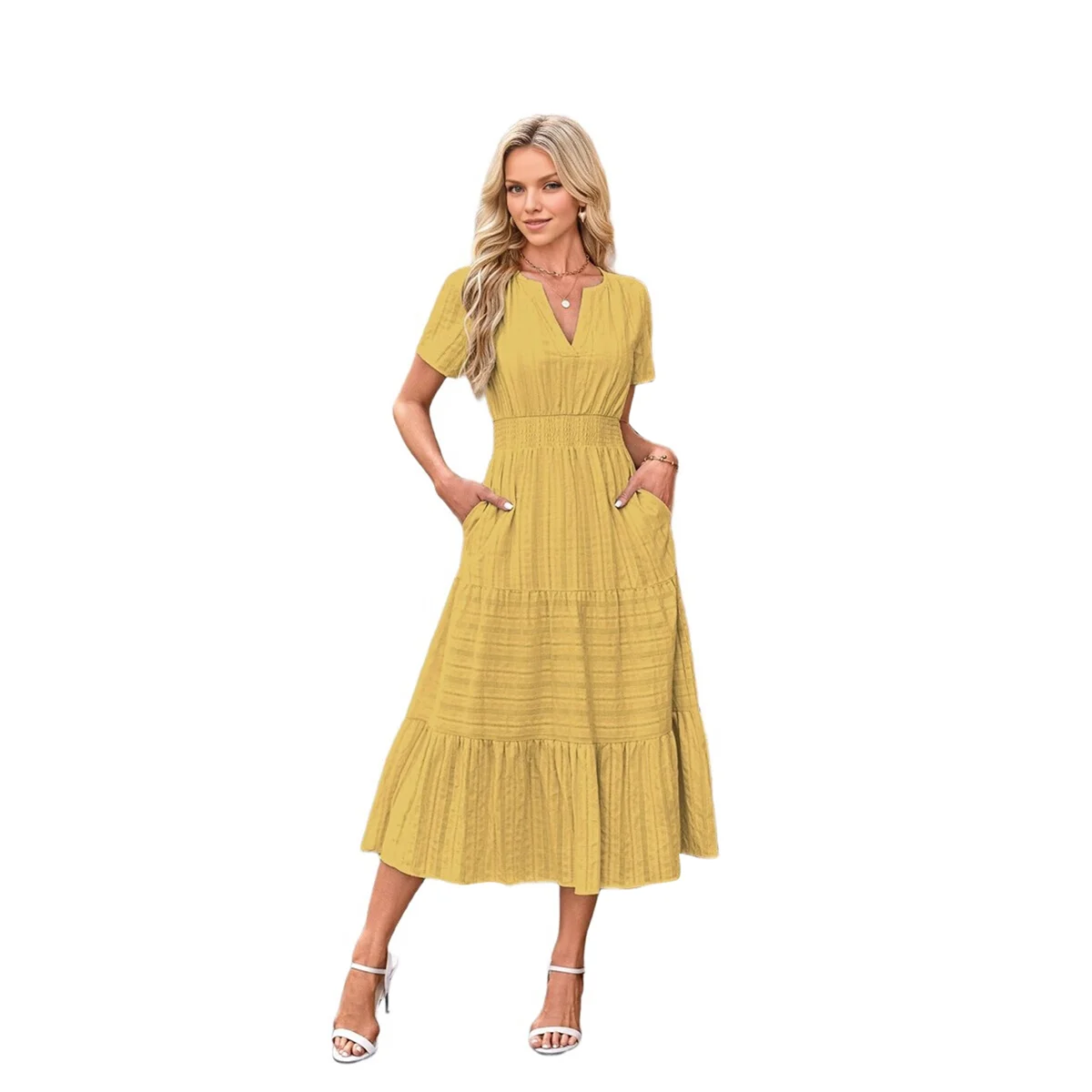 

Womens Summer 2025 Casual Midi Maxi Dresses Lightweight Short Sleeve V Neck Elastic Waist Boho Beach Dress Pockets