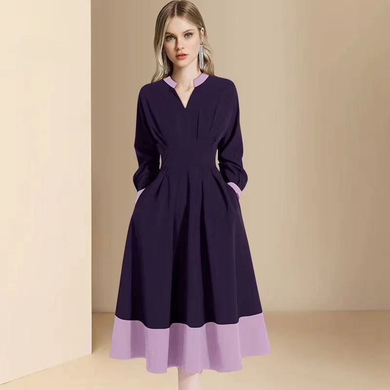 

Elegant OL Office Ladies Work Long Dresses Women Spring Summer Long Sleeves V-Neck Pockets Patchwork A-line Large Swing Dress