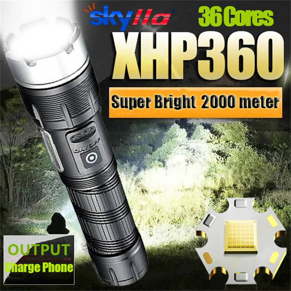 High Power XHP360 LED Flashlight Super Bright 36-CORE Torch USB Rechargeable Zoomable Lantern for Camping Hunting