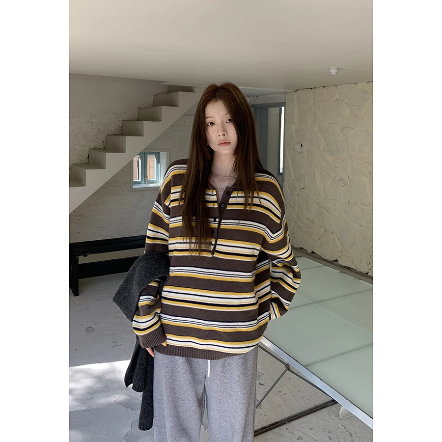 

Винтажный вязаный свитер HelloooEat для женщин, свободный крой, в стиле колор-блок, зимний, повседневный, из нейлона и акрила